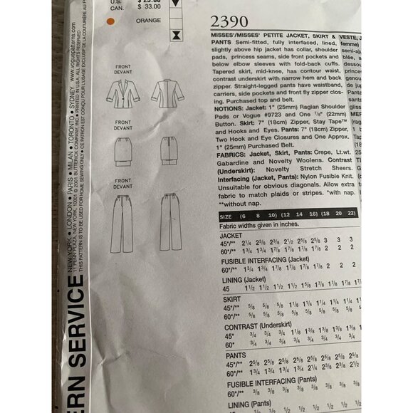 Vogue Anne Klein Misses Jacket Skirt Pants Sewing Pattern 2390 Sz 18 - 22 Uncut - Picture 5 of 9